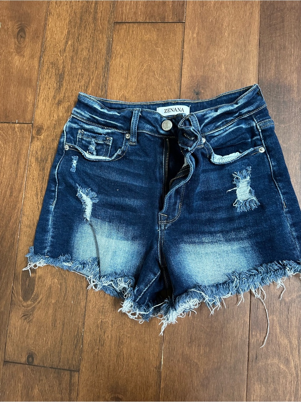 Zenana Outfitters Dark Blue Distressed Denim Shorts